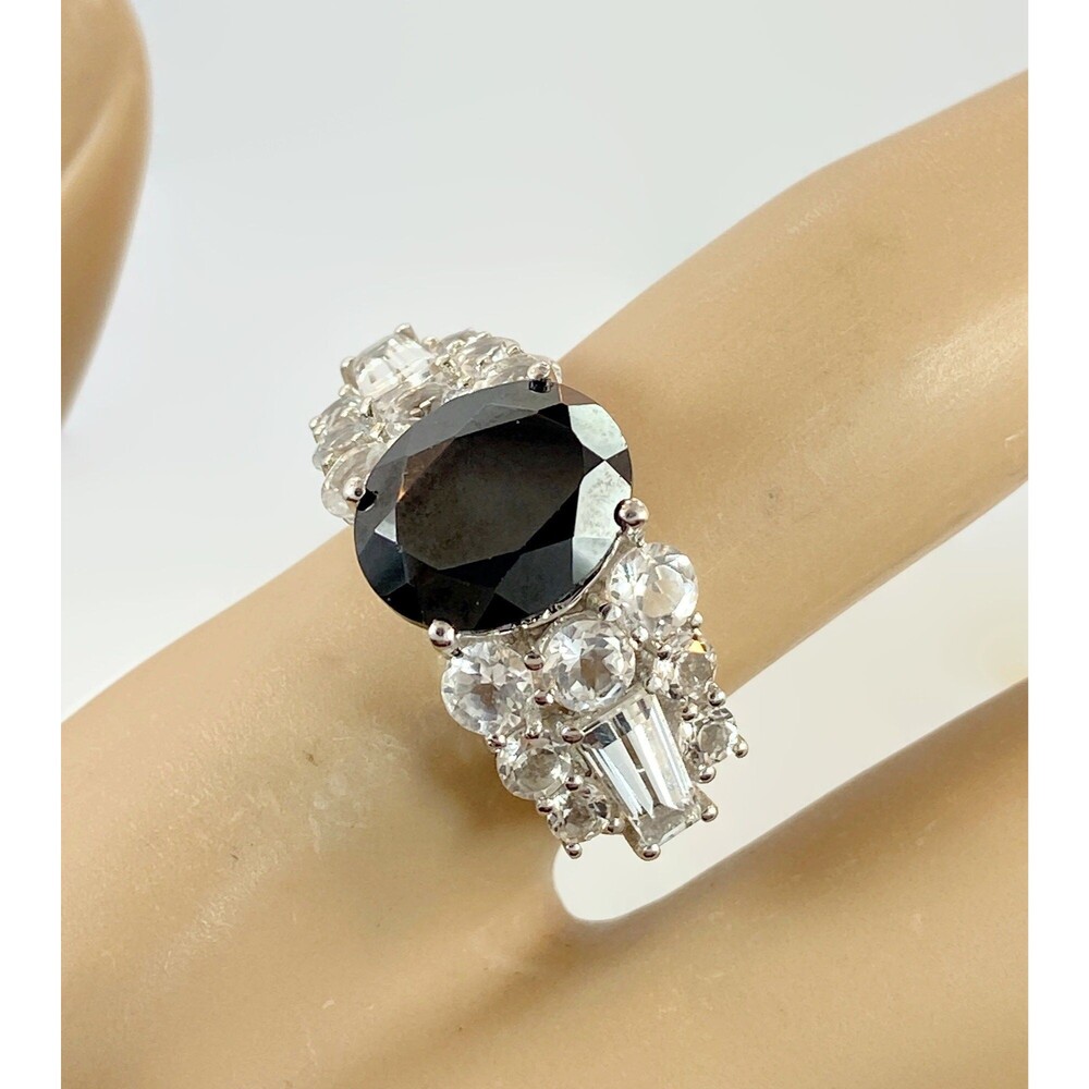 Vintage Black Onyx & Quartz Sterling Silver Ring - Size 7.5